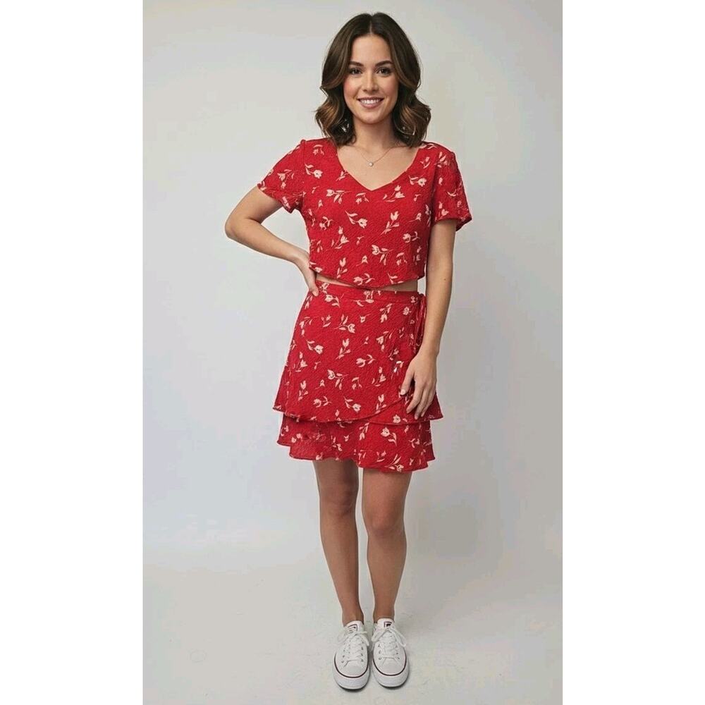 Vtg Dressbarn Y2K Red Floral Preppy 2-Piece Blouse & Skirt Set Womans Size 12